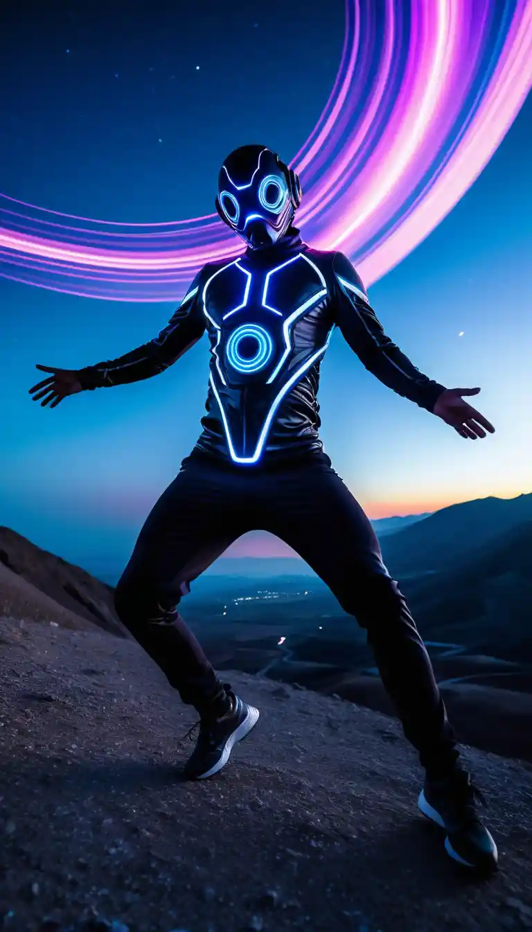 Anthropomorphic algorithmic beings dancing in a surreal landscape