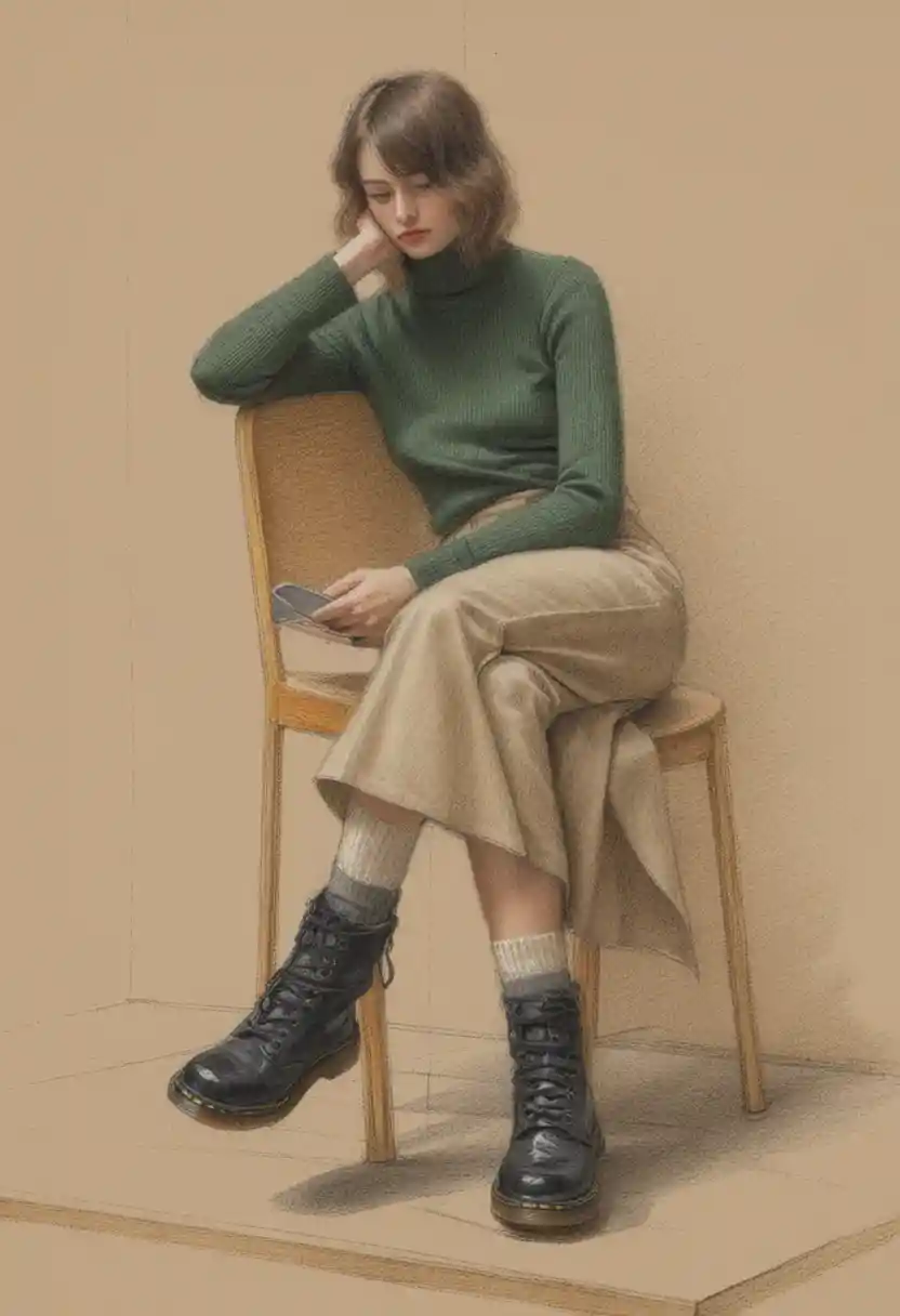 Seated woman with smartphone in minimalist pencil drawing