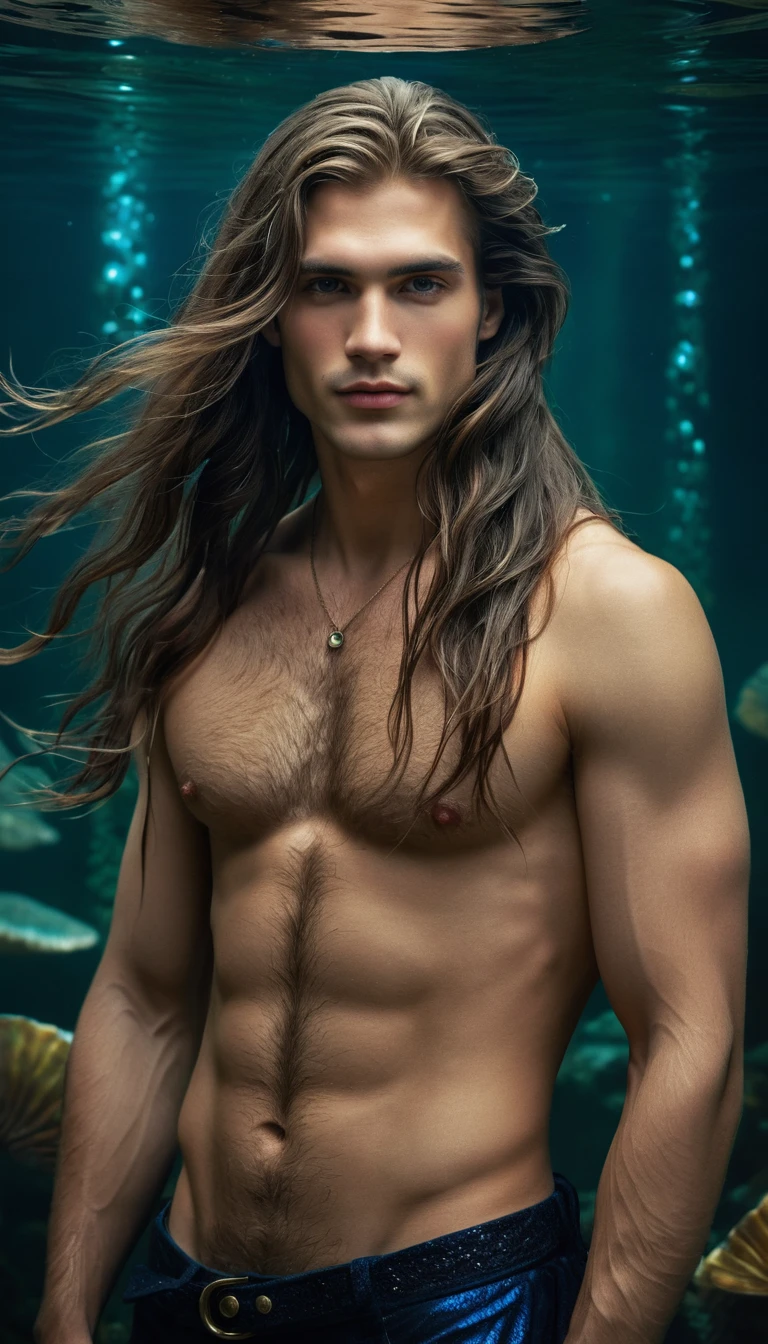 Surreal portrait of a man beside a mermaid painting