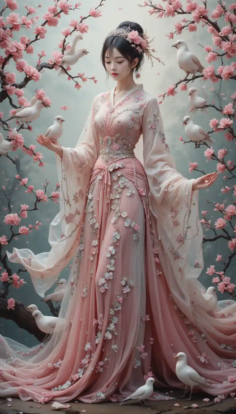 Mulher da primavera em traje de corpo inteiro com pássaros e flores