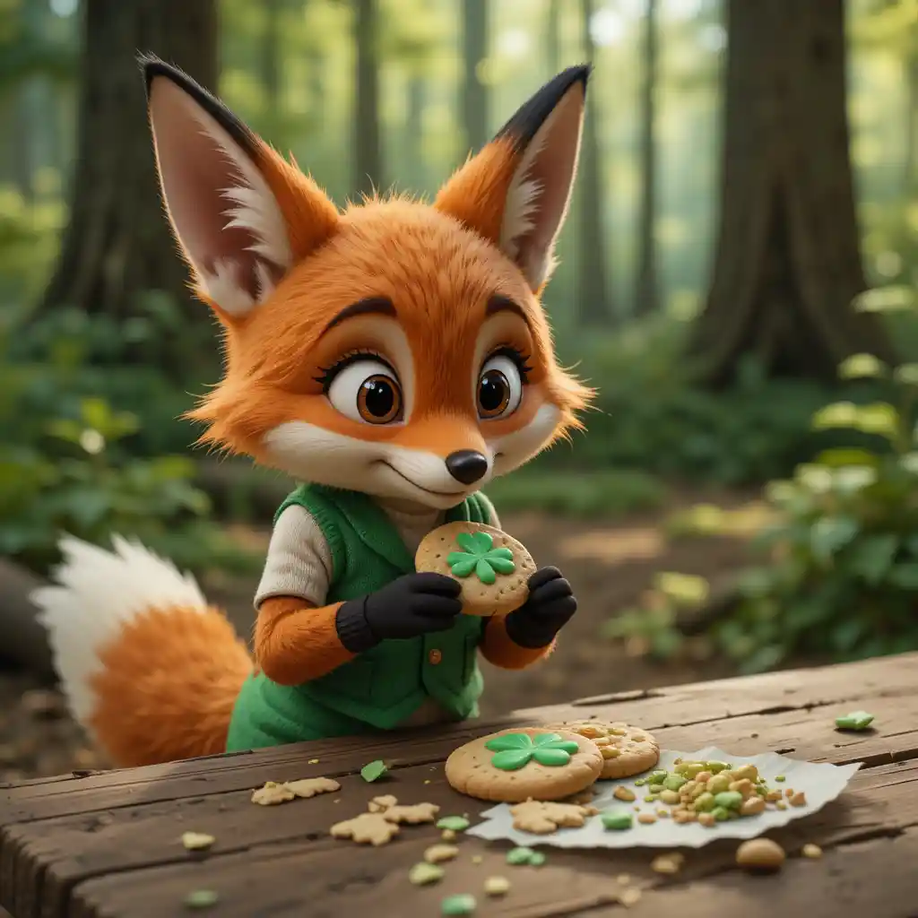 Fox in green vest stealing a shamrock cookie
