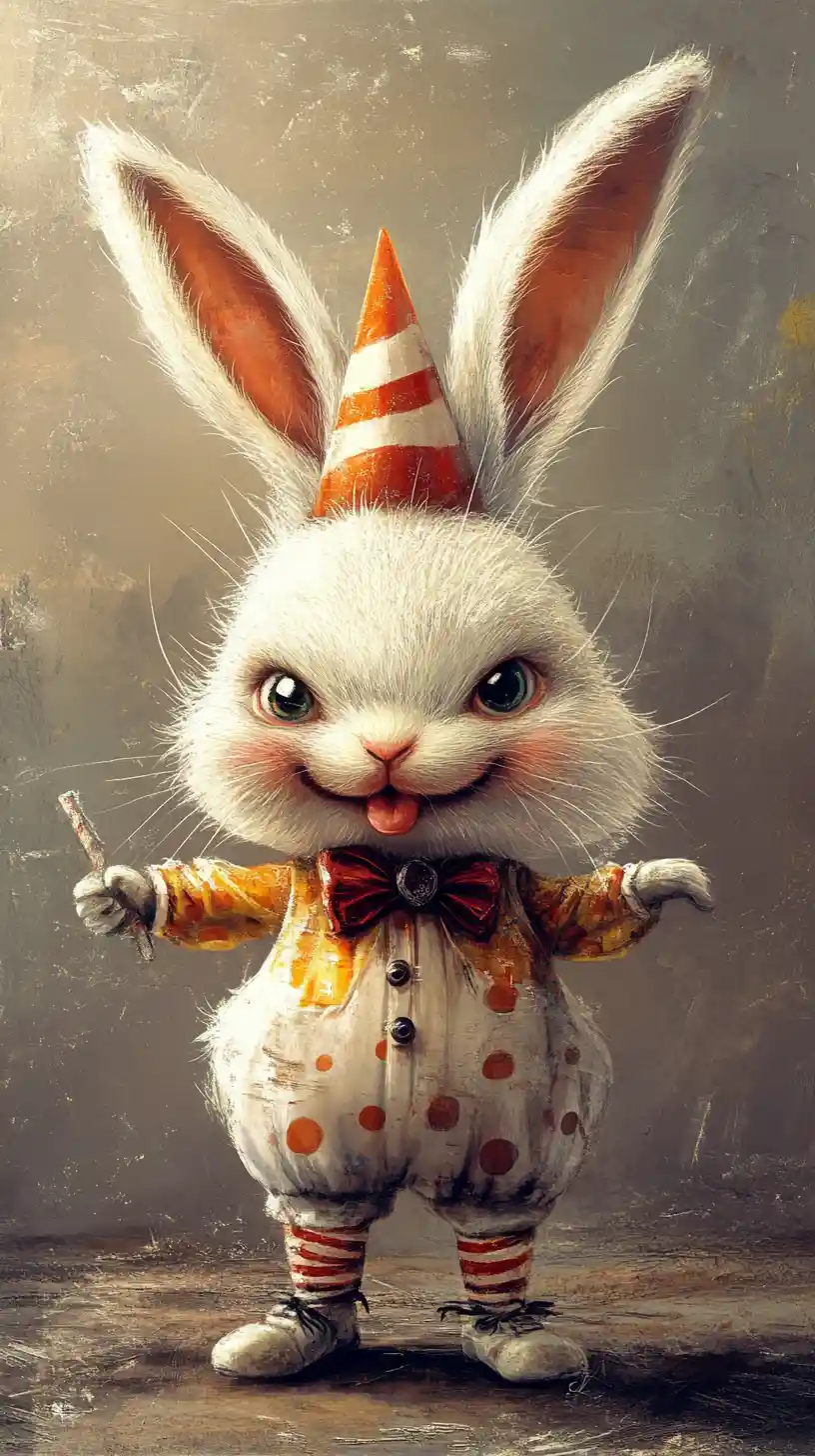 Fofo coelho branco de circo palhaço em ilustração digital de fantasia