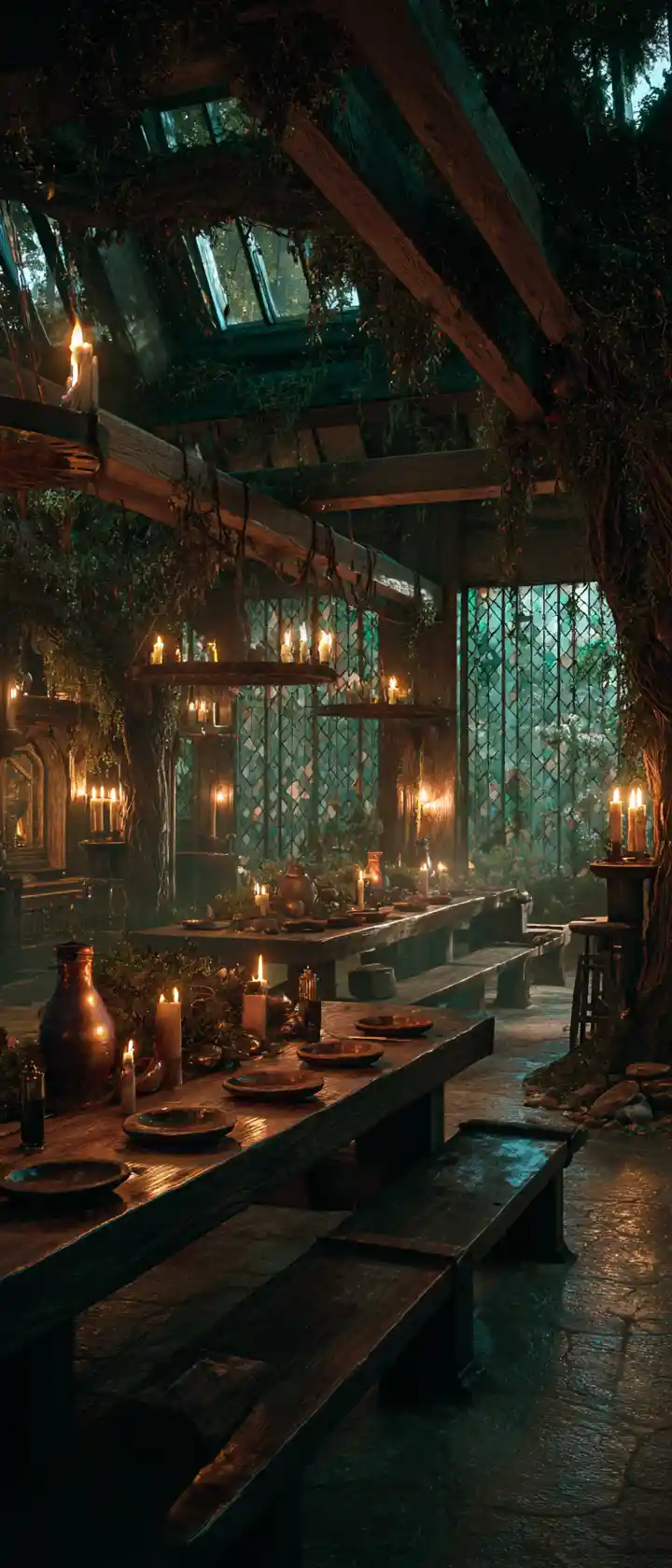Banquete en taberna de bosque encantado iluminado por velas y niebla