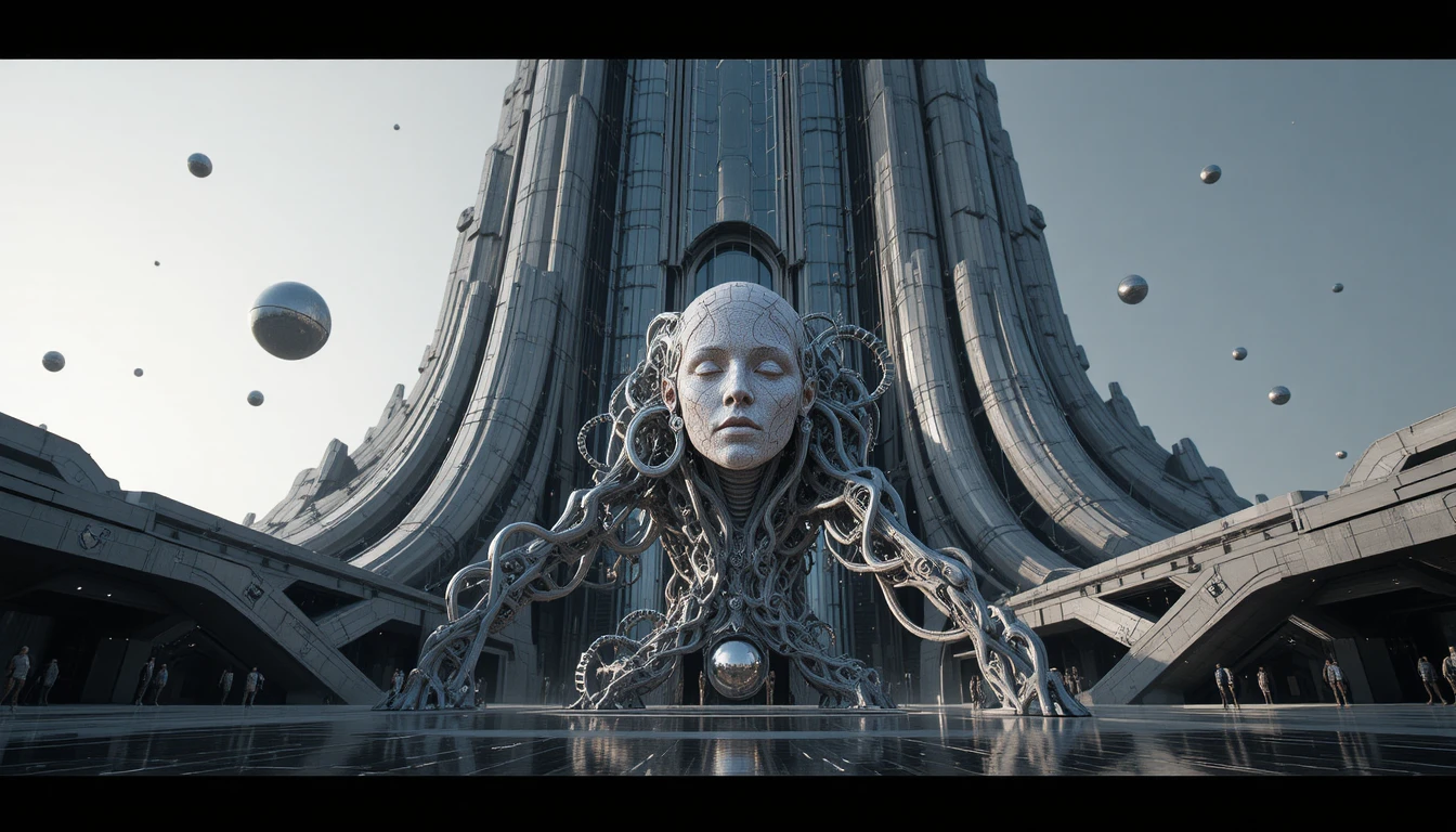 Futuristic Glass Tower With Biomechanical Cosmic Sculpture
