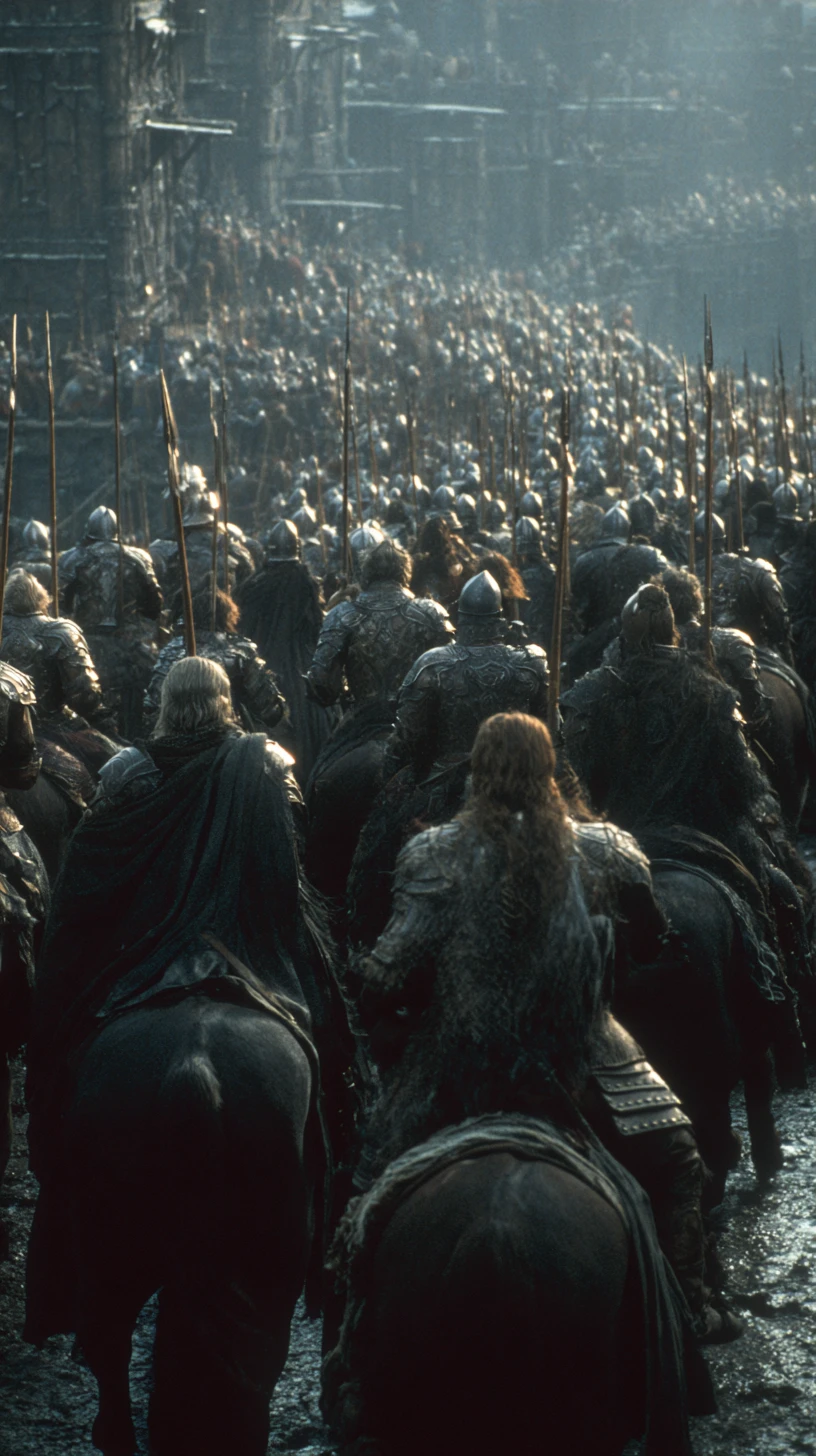 Orc horde advances on distant medieval stone fortress