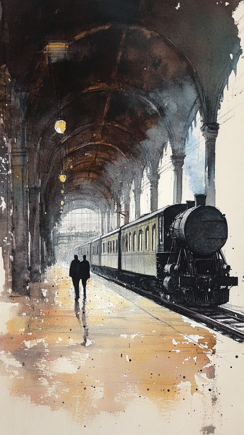 Victorian steam train in a vaulted gothic station at night