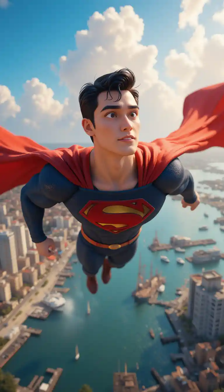 3D superhero flying above a bright coastal city harbor