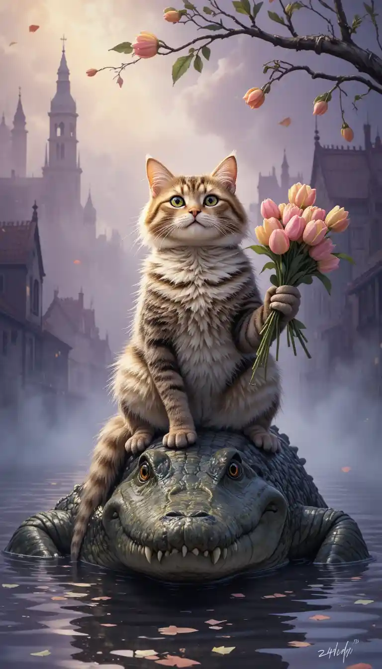 Cheerful striped cat holding tulips atop a crocodile
