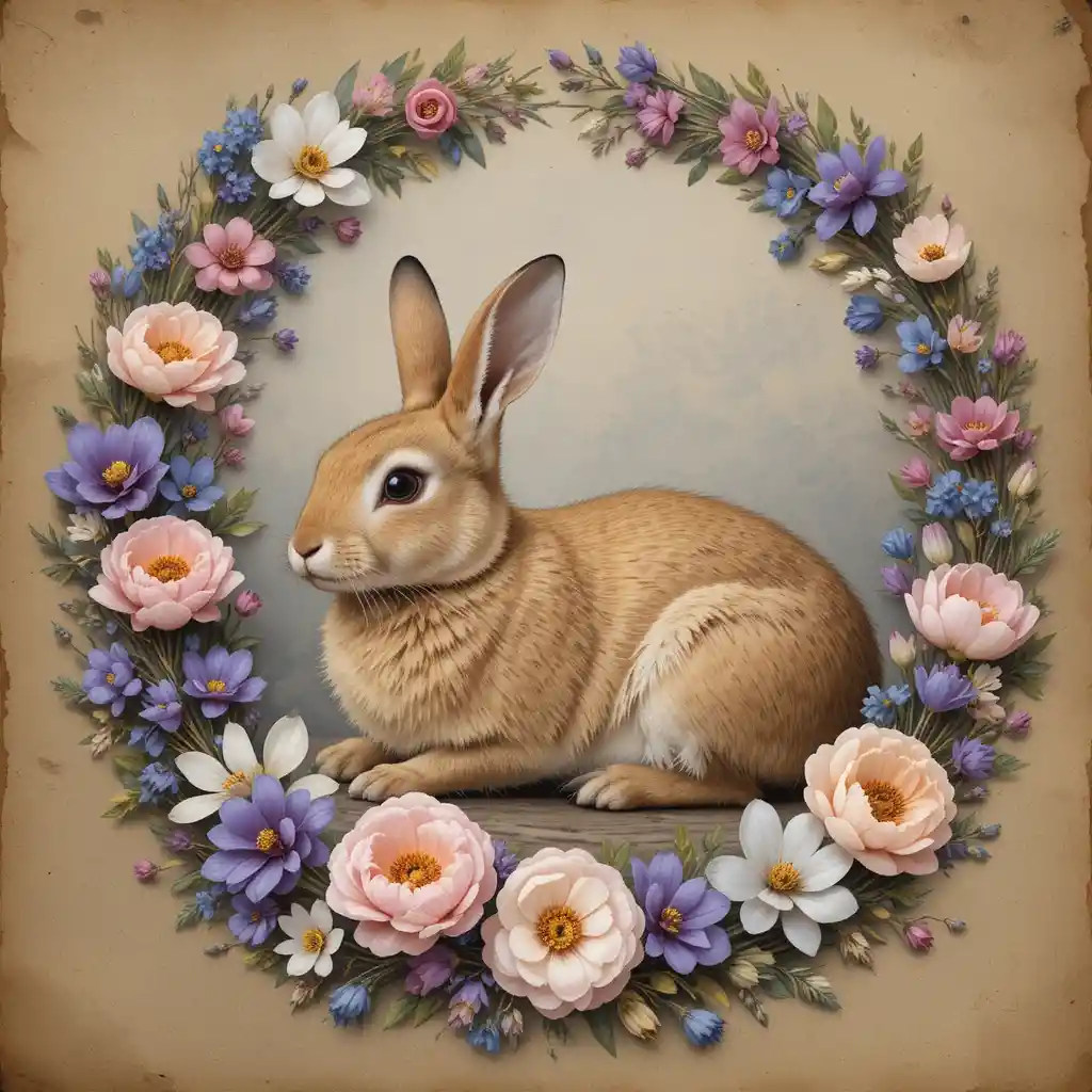 Aquarell-Hase in pastellfarbener ovaler Blumenkranz-Illustration