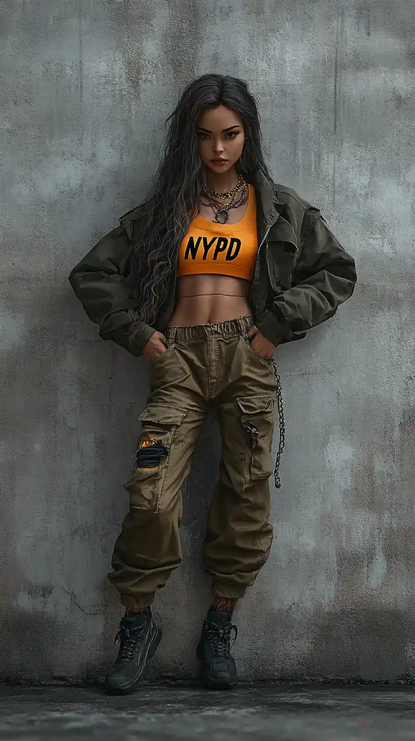 Confident young woman in khaki streetwear against concrete wall