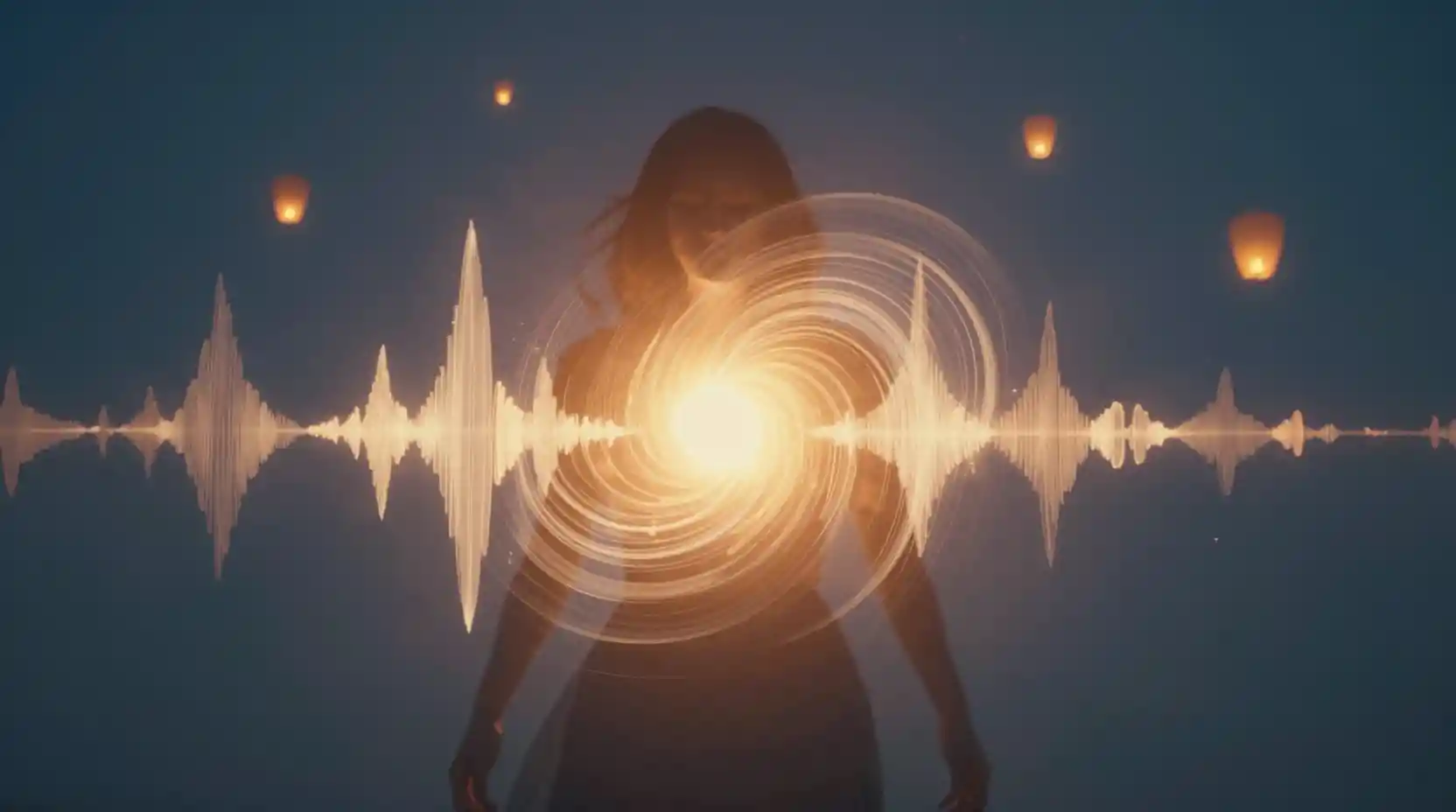 Figura Rodeada de Ondas Sonoras Brillantes en Luz Serena