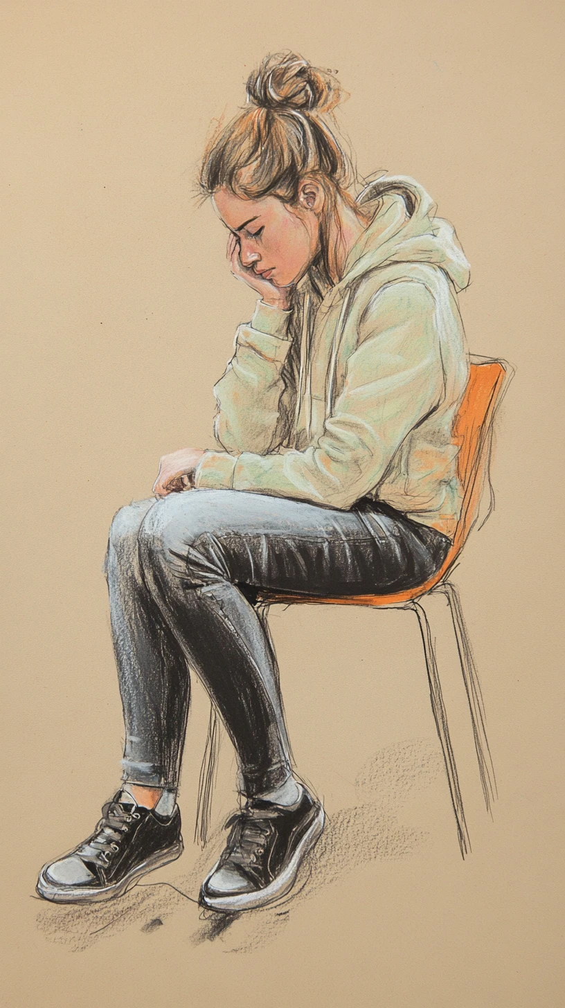 Joven pensativa en un taburete con dibujo de smartphone