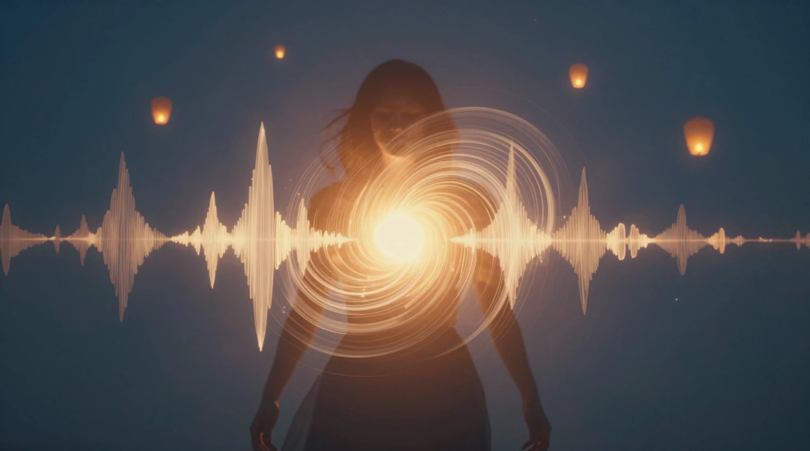 Figura Rodeada de Ondas Sonoras Brillantes en Luz Serena