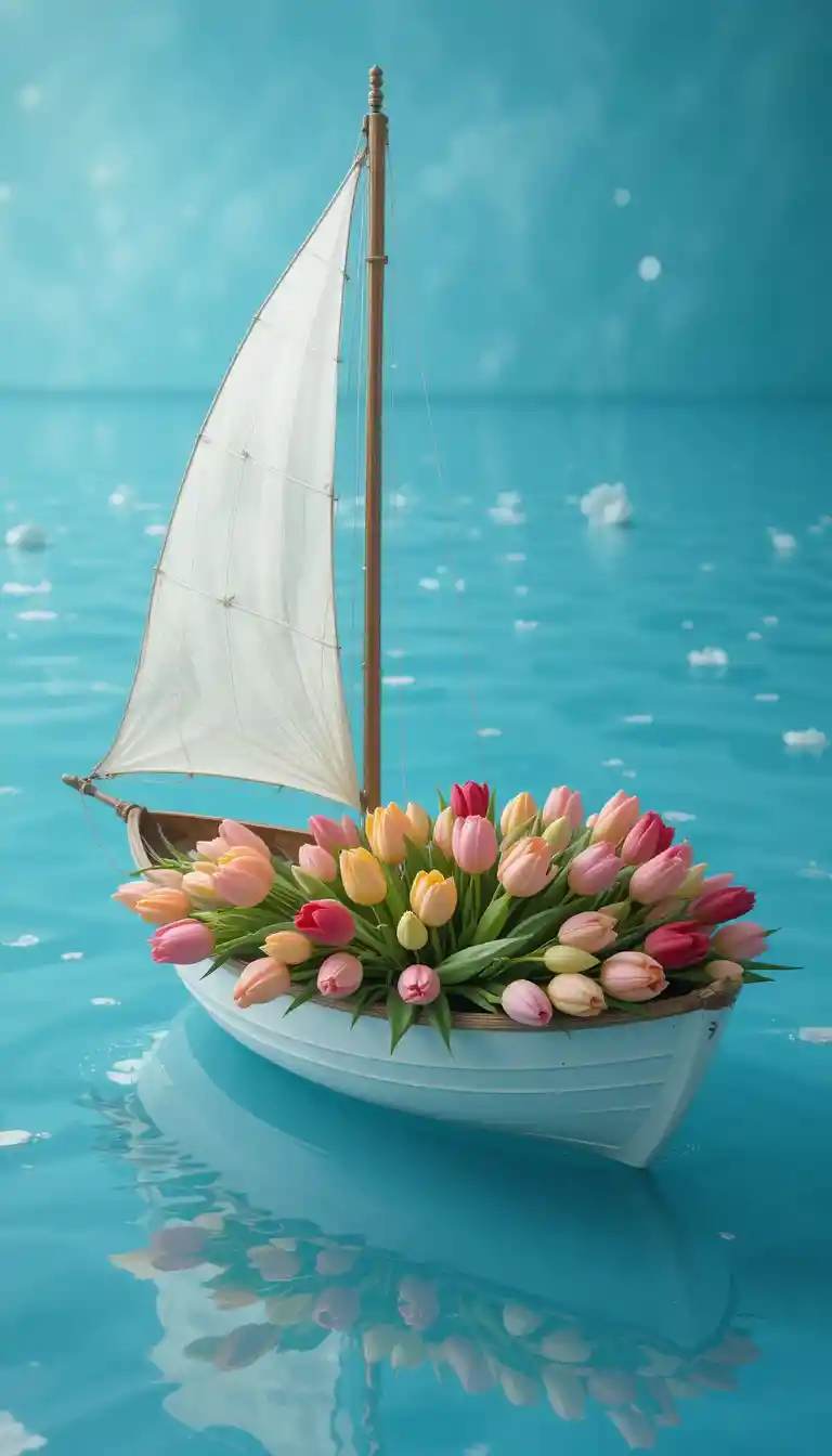 Fantasy boat of tulips sailing on calm aquamarine water