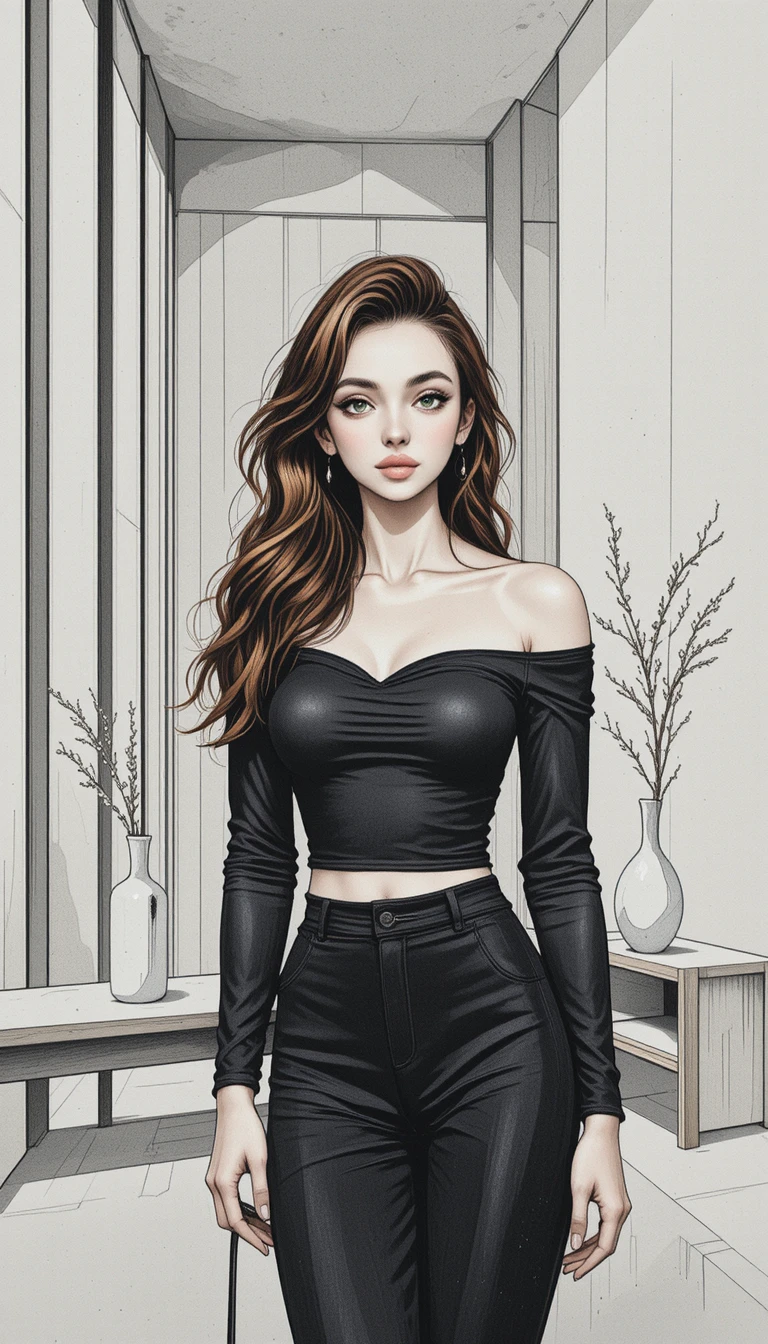 Full body woman in modern minimalist living room drawing
