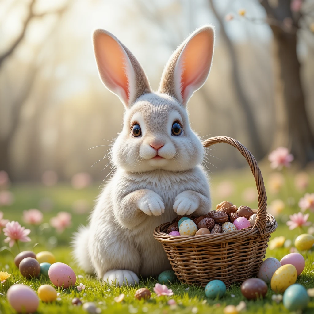 Süßer Osterhase in einer bunten Bonbonwiesen-Landschaft