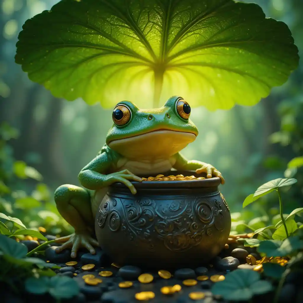 Frog Guarding A Pot Of Gold Under Shamrock Leaf
