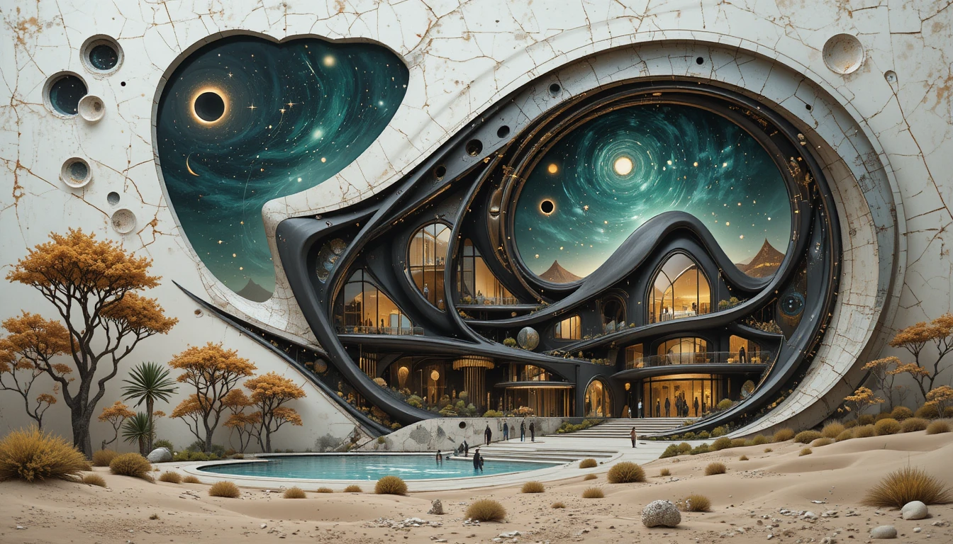 Arquitectura desértica surreal con hojas abstractas y fondo suave
