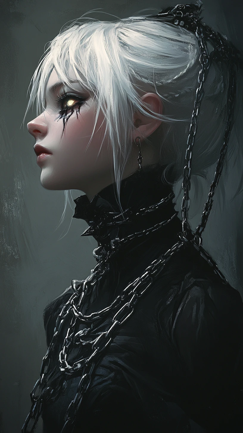 White haired anime girl in chains with glowing eyes