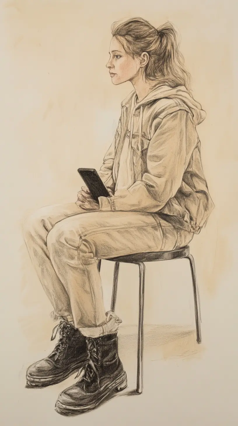 Pensive woman on stool with smartphone in minimalist interior