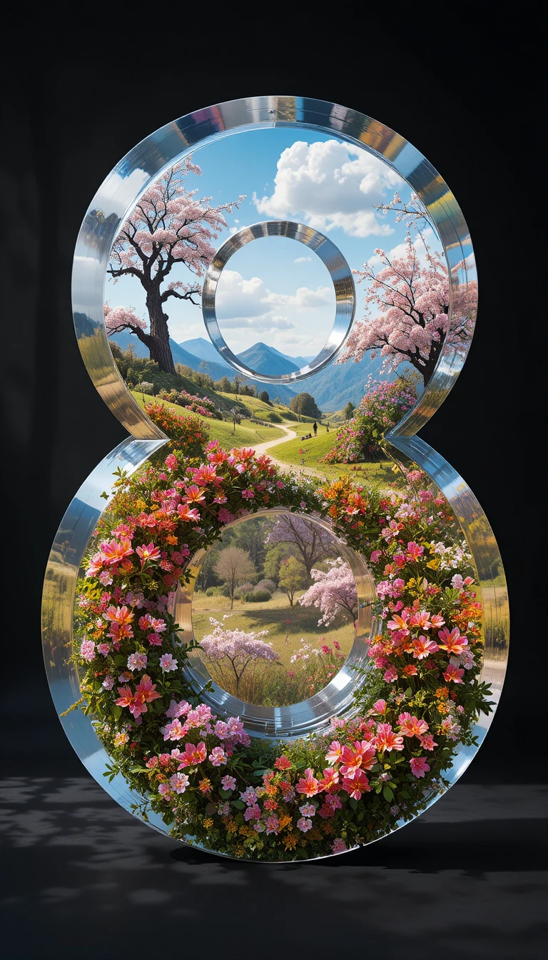 Spring landscape within a transparent number eight and flowers