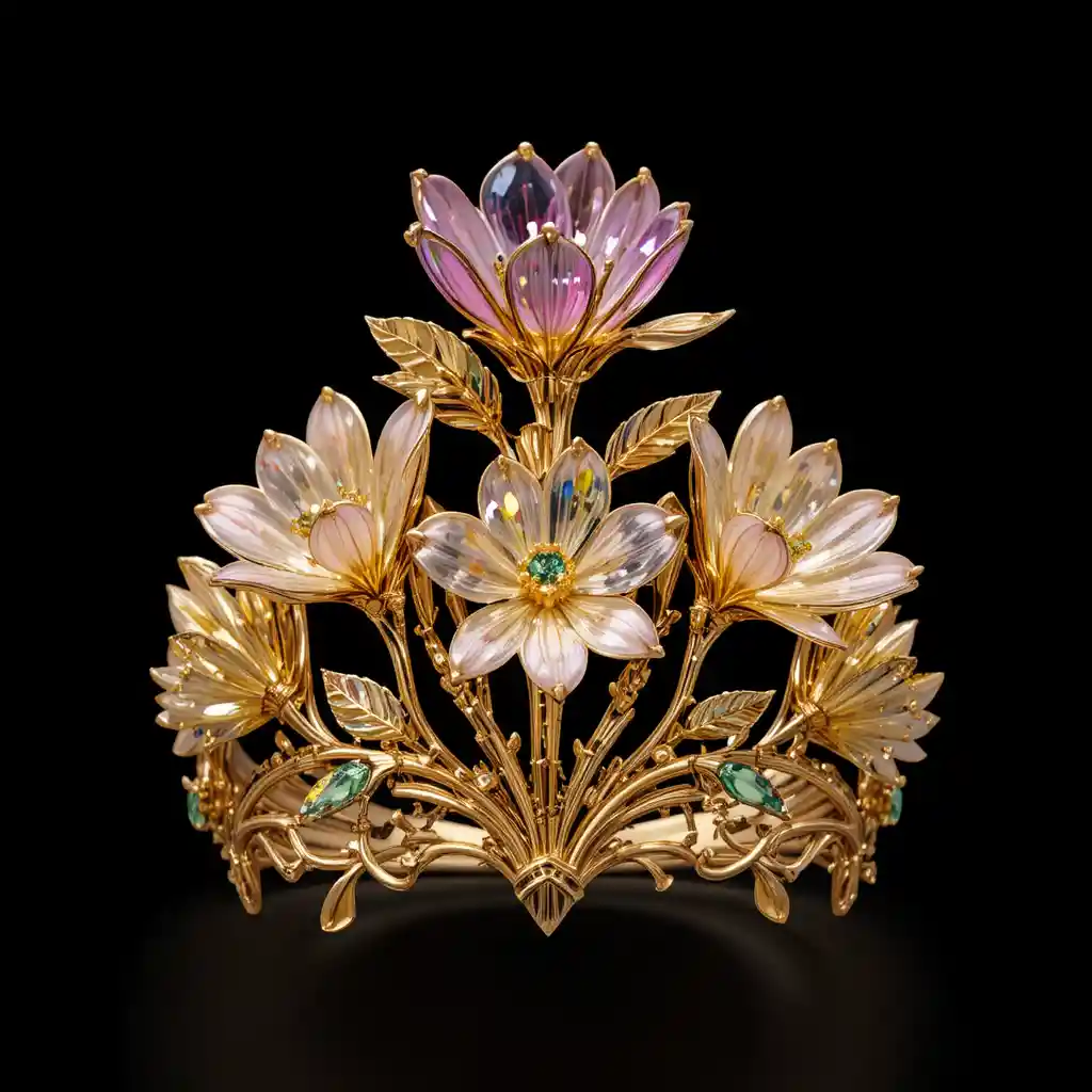 Gold ring with gemstone freesia flowers on black background