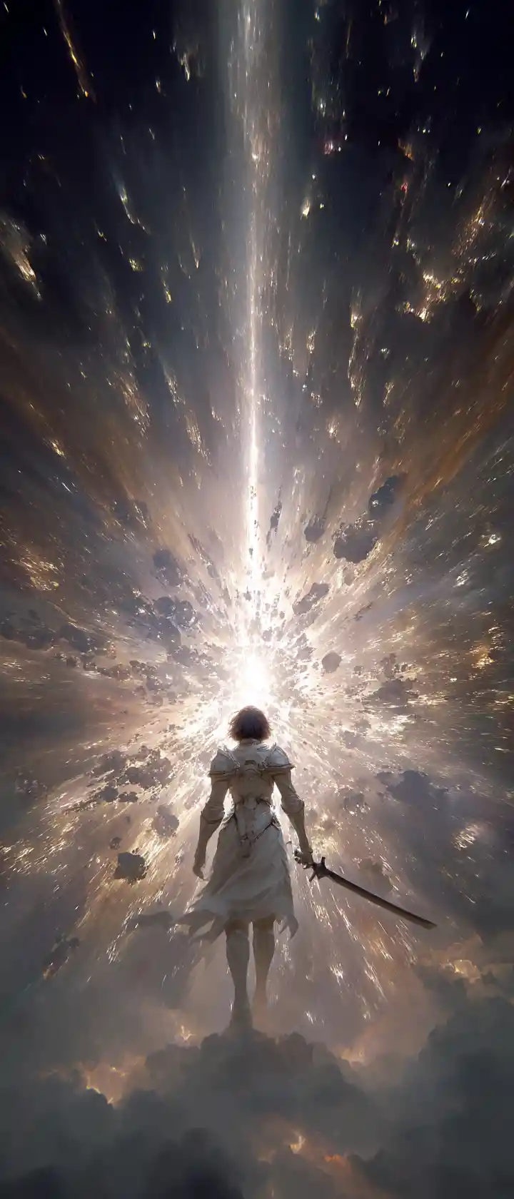 Female warrior unleashing a supernova blade in space