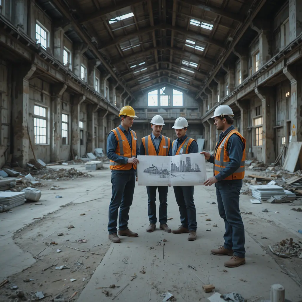 Construction team reviewing blueprints in abandoned factory interior