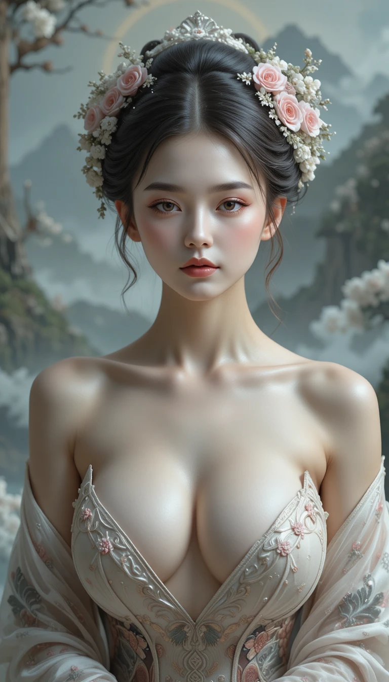 Ethereal Nihonga woman in a serene dreamlike composition