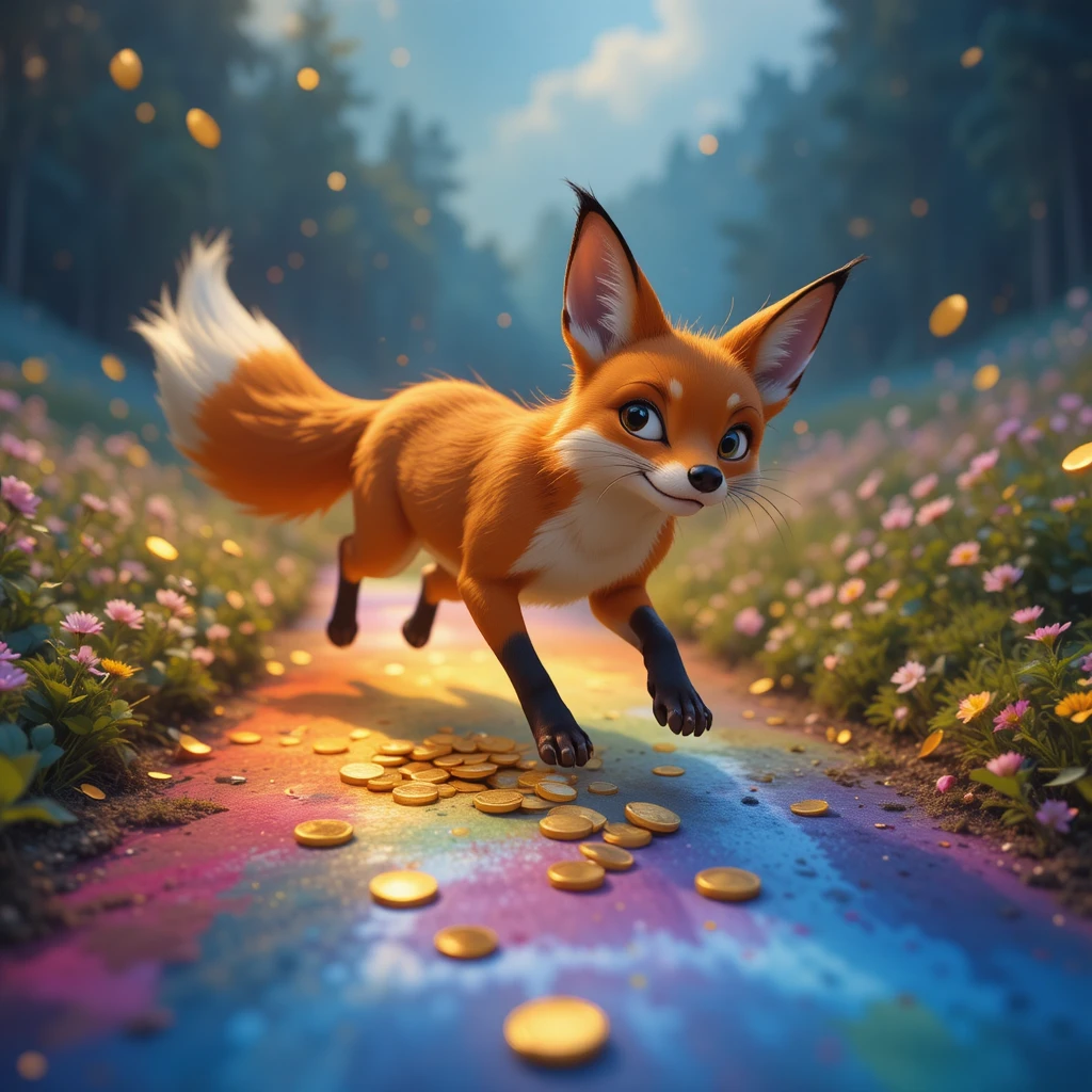 Playful fox tumbling on a glowing rainbow path
