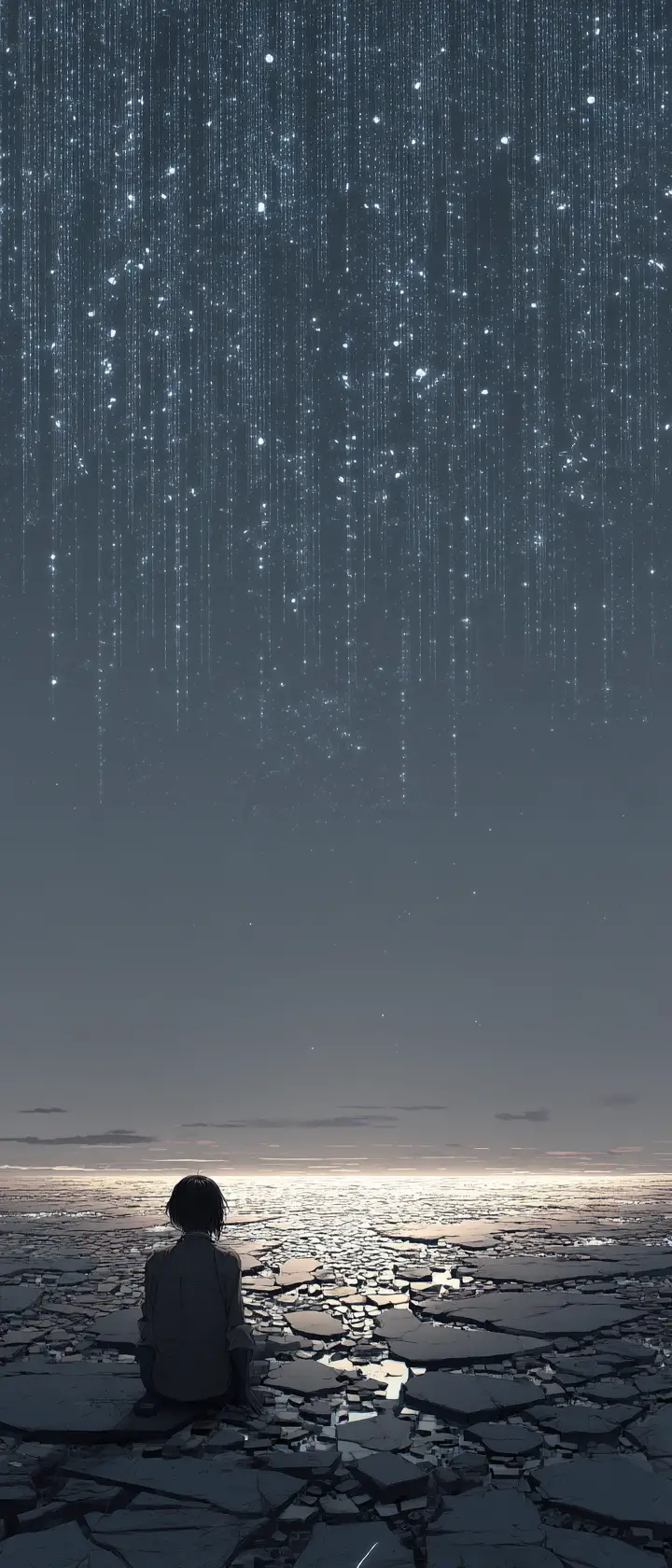 Lonely figure under falling stars on endless concrete plain