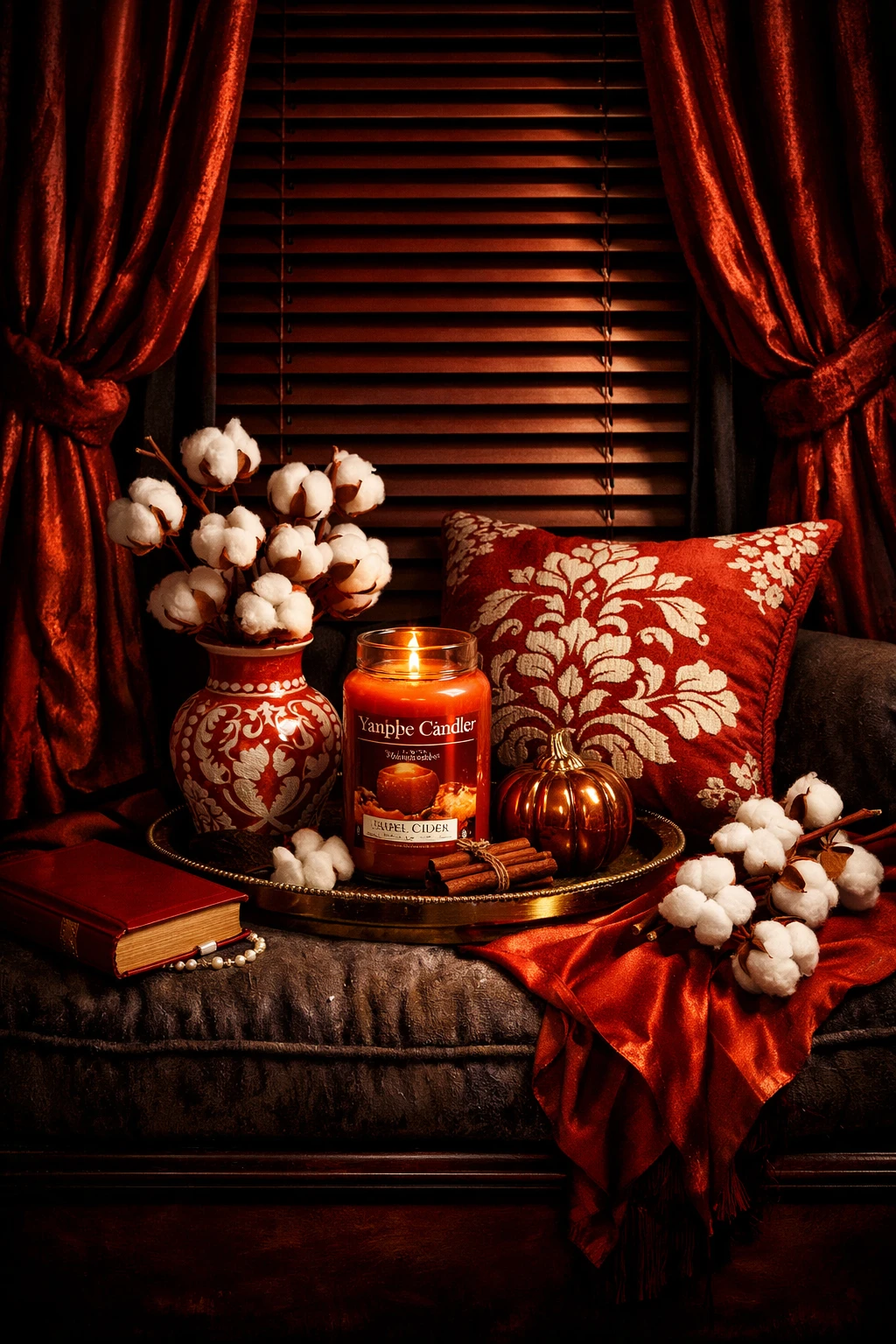 Moody still life on a dark garnet window seat