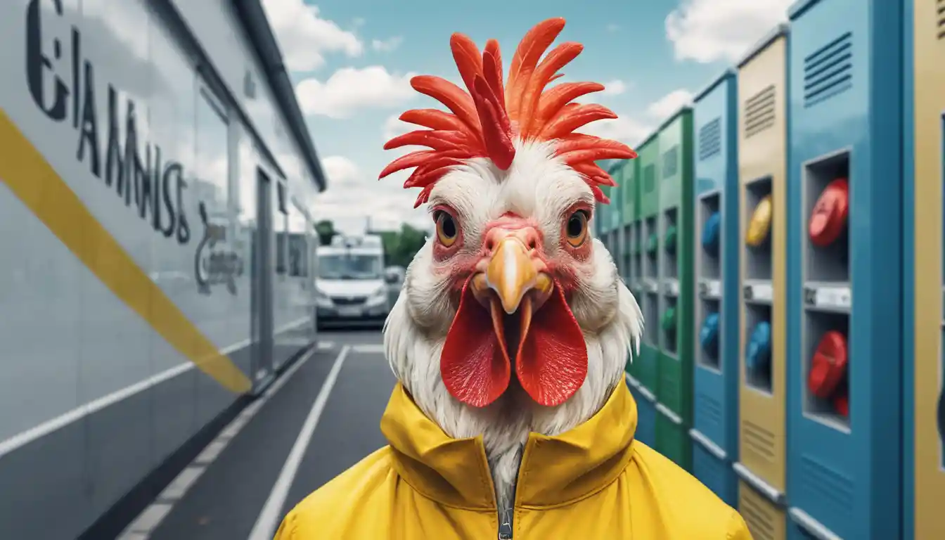 Old man riding a giant rooster along a rural road
