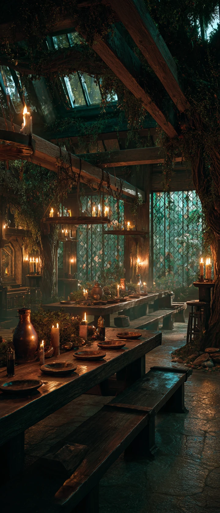 Banquete en taberna de bosque encantado iluminado por velas y niebla