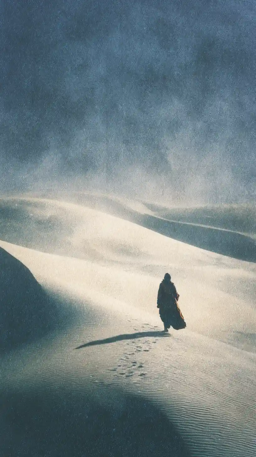 Figura solitaria che vaga in un vasto deserto surreale