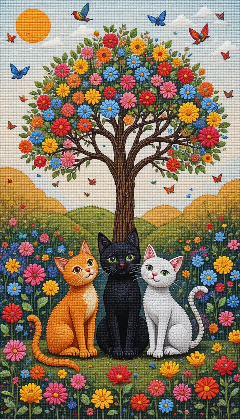 Three colorful cartoon cats in a bright flower garden
