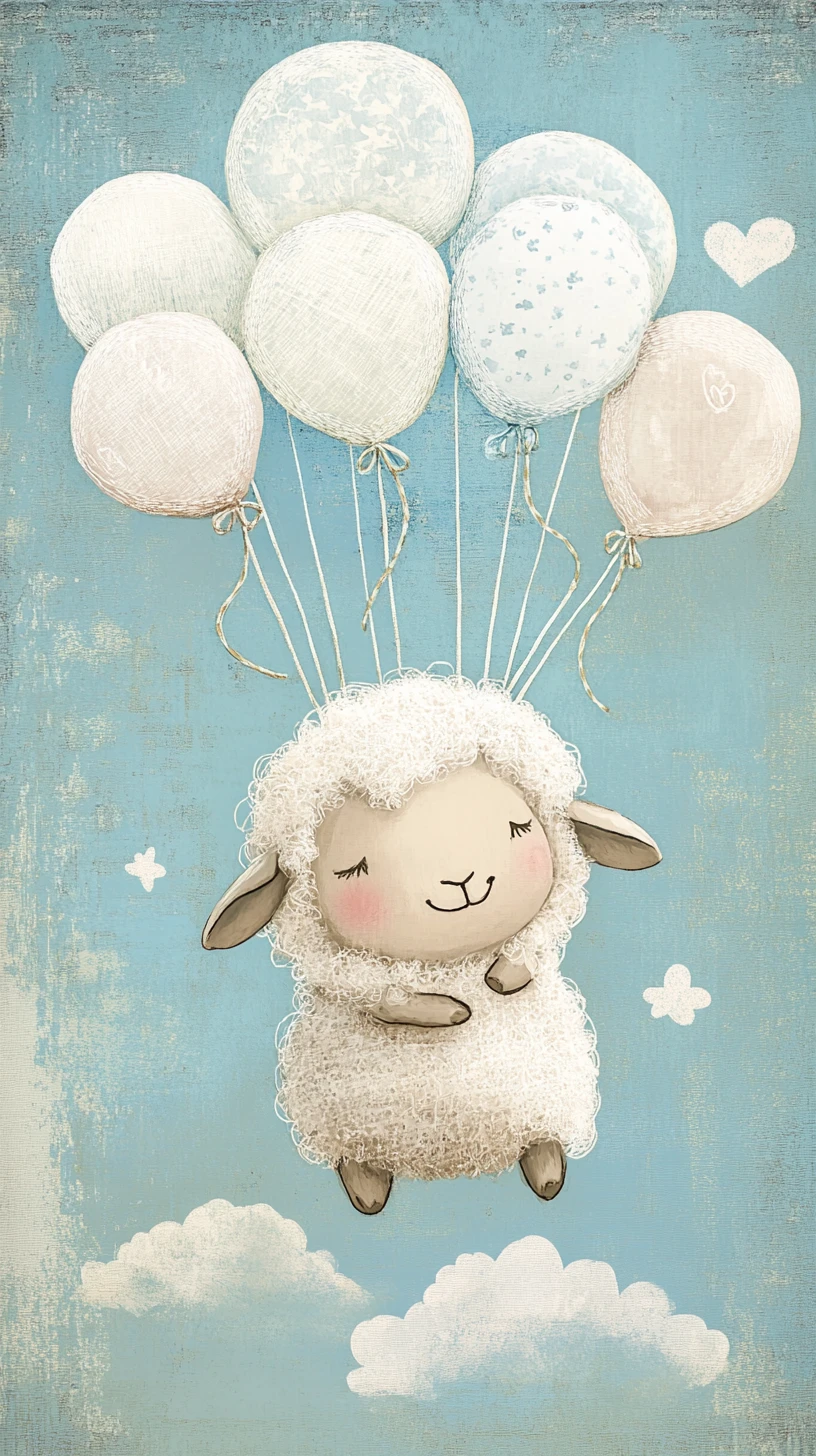 Pecora in collage tessile che fluttua con palloncini su carta blu