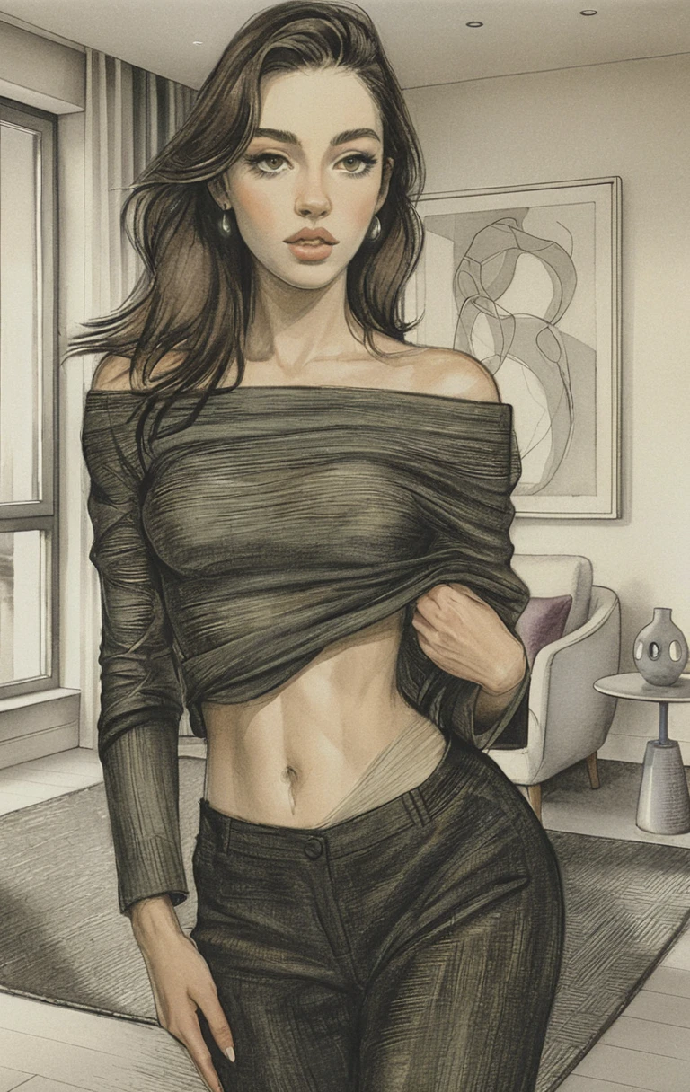 Full body graphite drawing of woman in modern living room