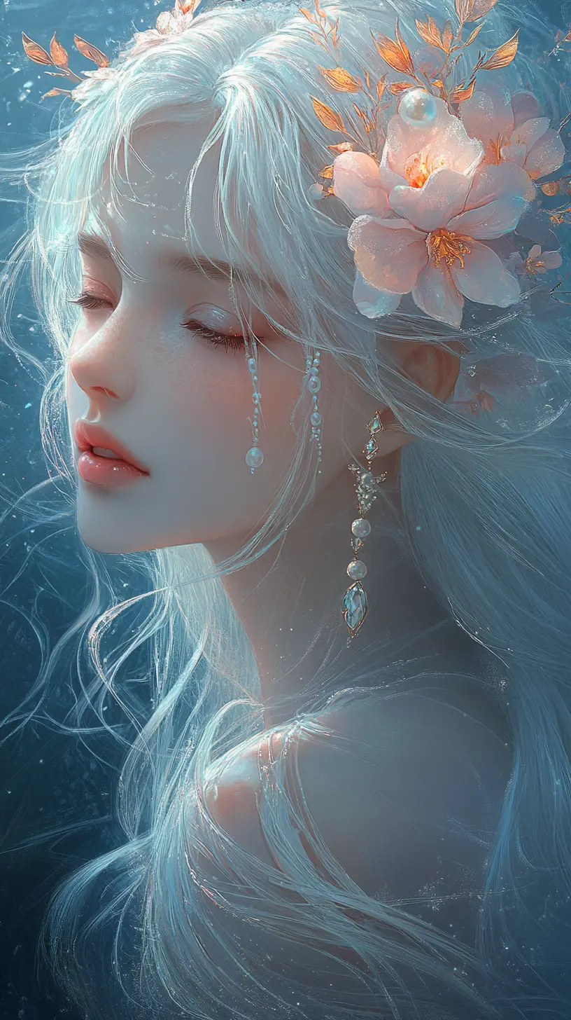 銀髮幻想少女與鮮花與柔和光暈