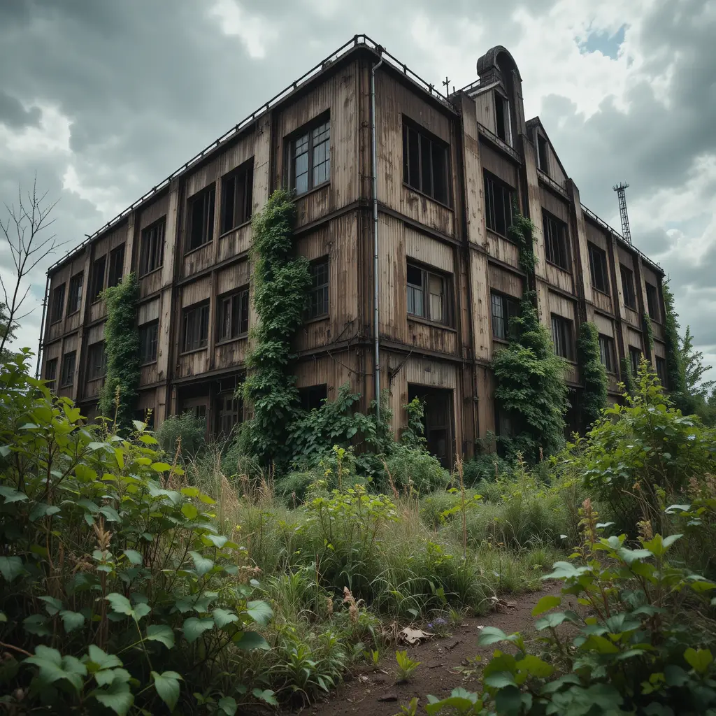 Abandoned industrial factory with broken windows and rusted steel