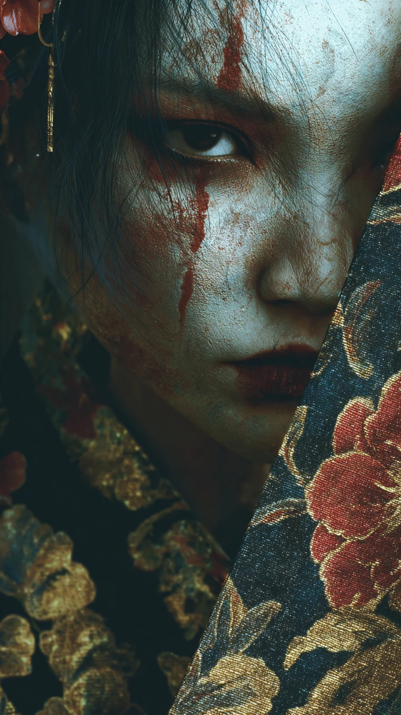 Androgynous figure in silk kimono with melancholic gaze