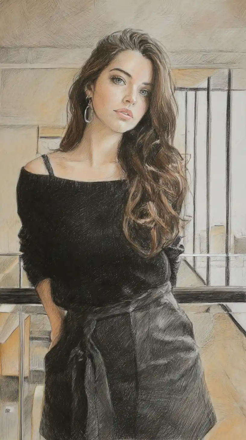Dessin au graphite en pied d’une femme dans un salon moderne
