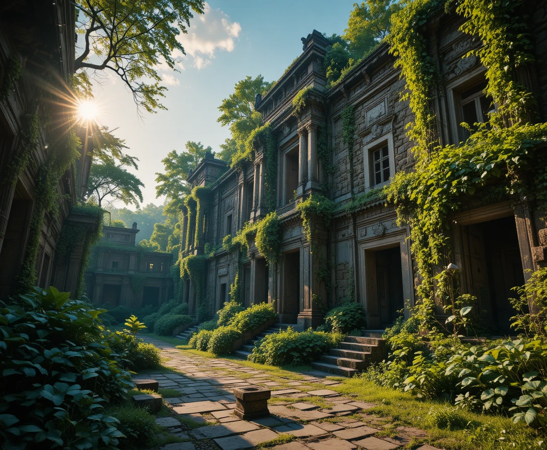 Abandoned monastery ruins bathed in warm fading sunlight