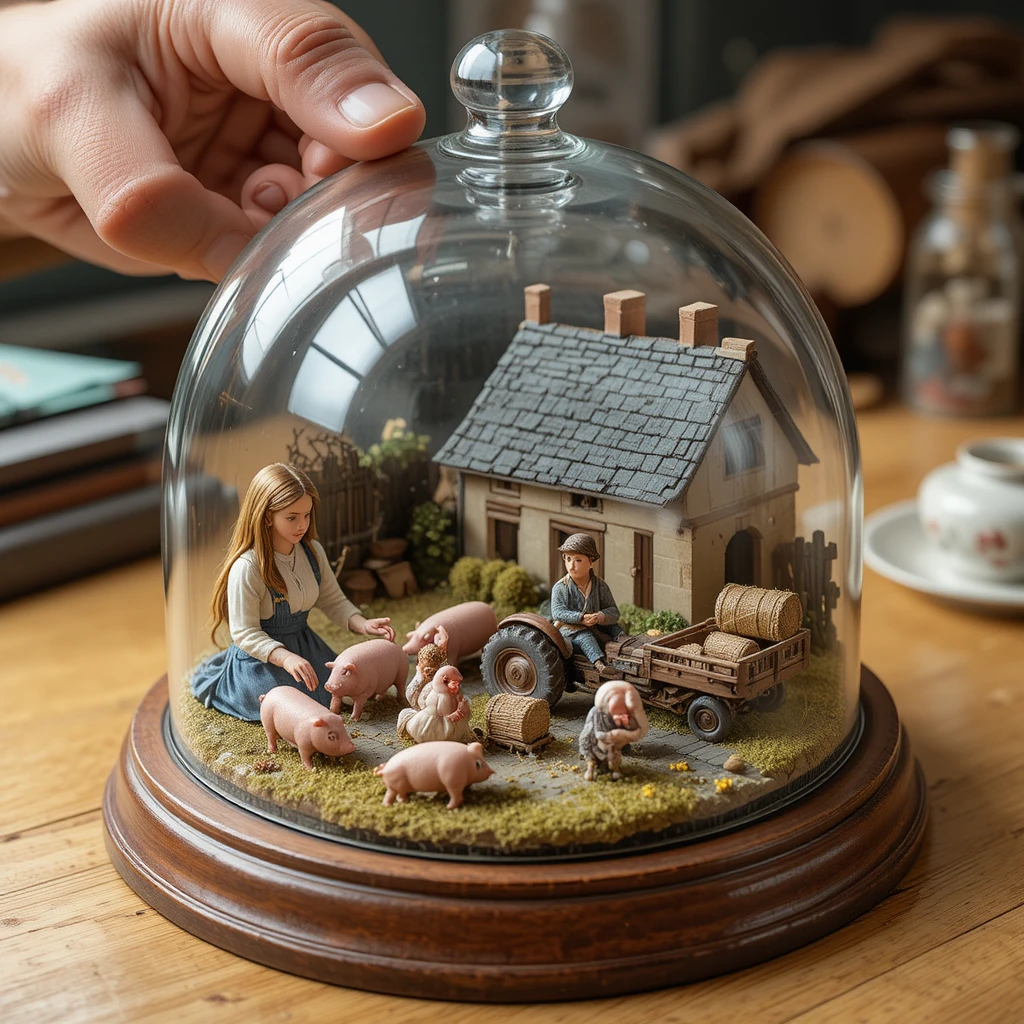 Miniature Breton Farm Scene Displayed On A Wooden Desk