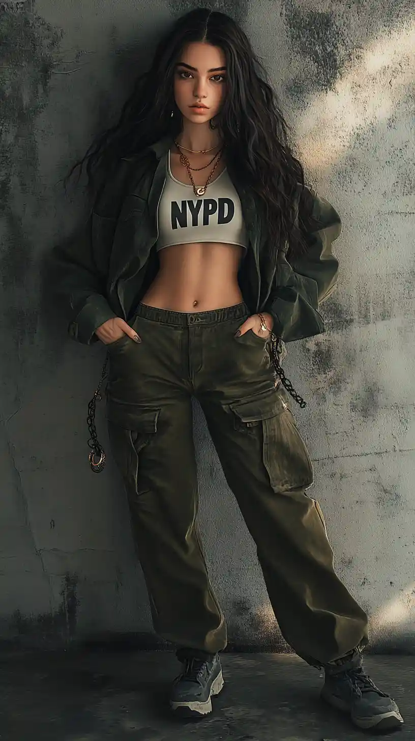 Giovane donna sicura di sé in streetwear davanti a un muro di cemento