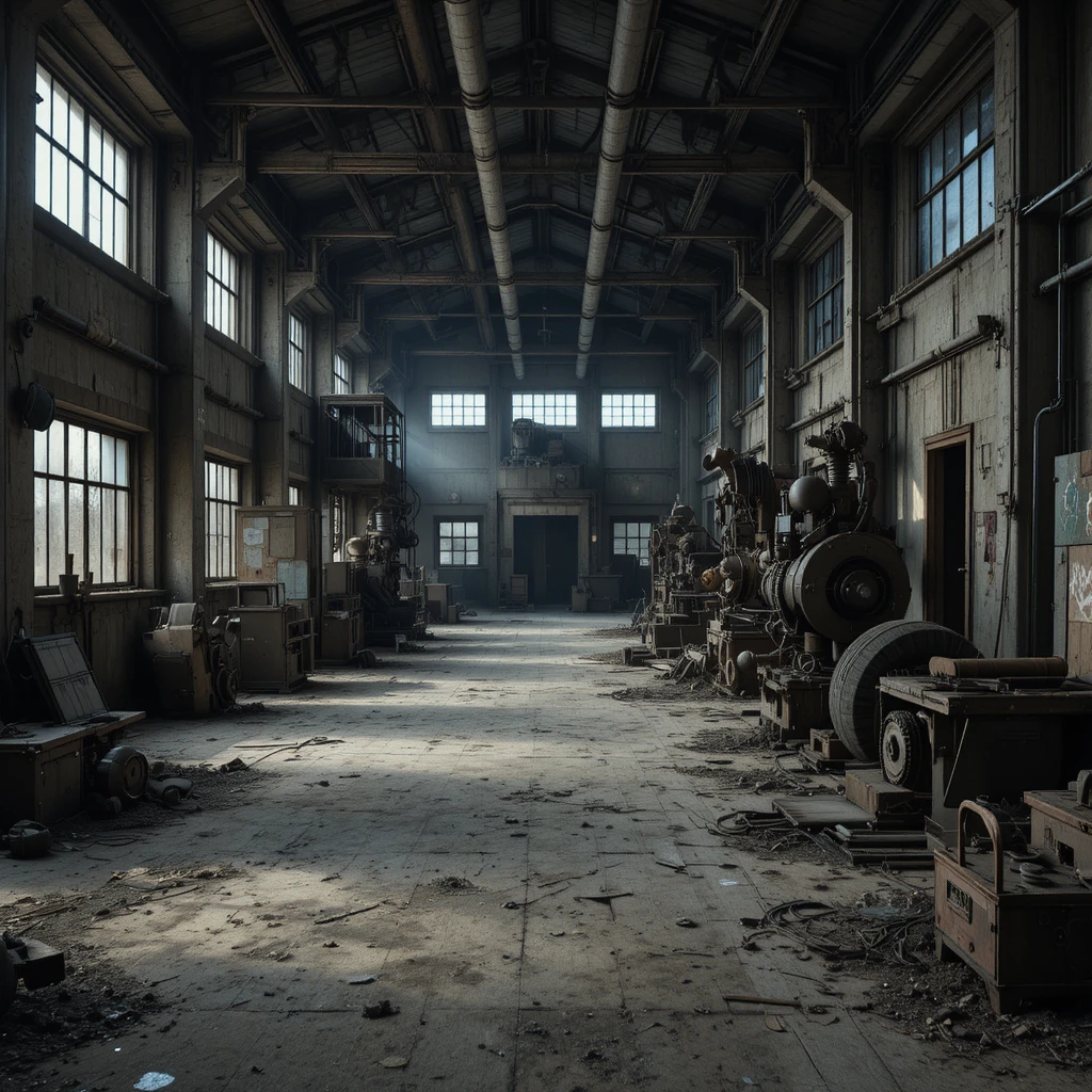 Nave industrial abandonada con maquinaria rota en una luz sombría