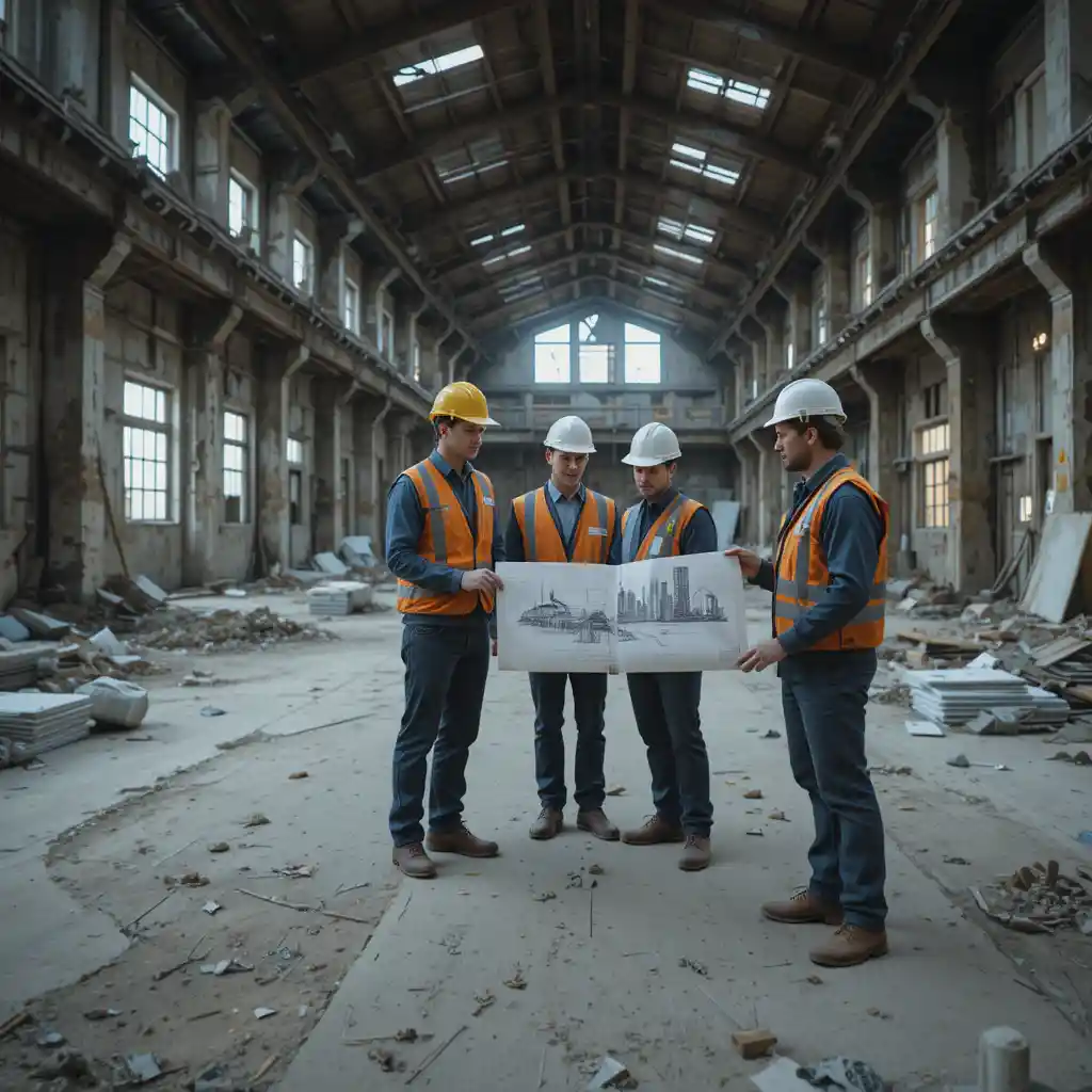 Bauteam, das Blaupausen in verlassener Fabrikhalle überprüft