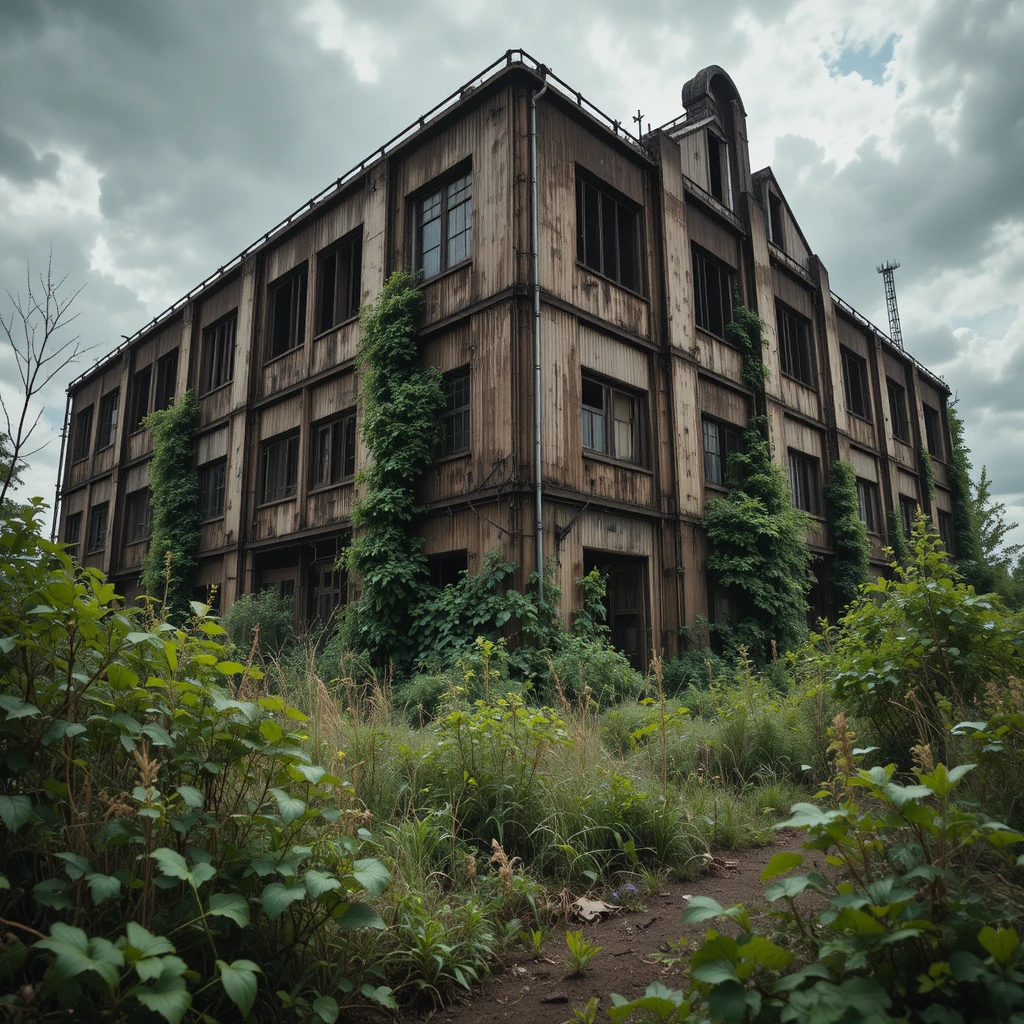 Abandoned industrial factory with broken windows and rusted steel