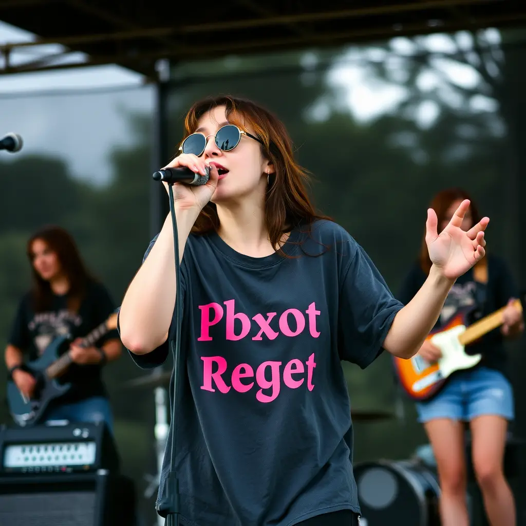 All women grunge band performing live on outdoor stage