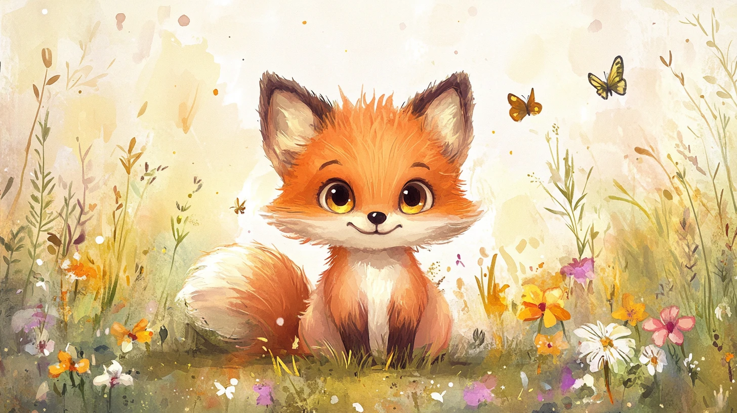 Cute baby fox illustration in a sunny flower meadow